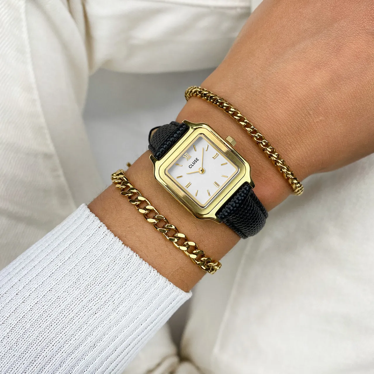 Femme CLUSE Gracieuse Petite Watch Leather, Black Lizard, Gold Colour