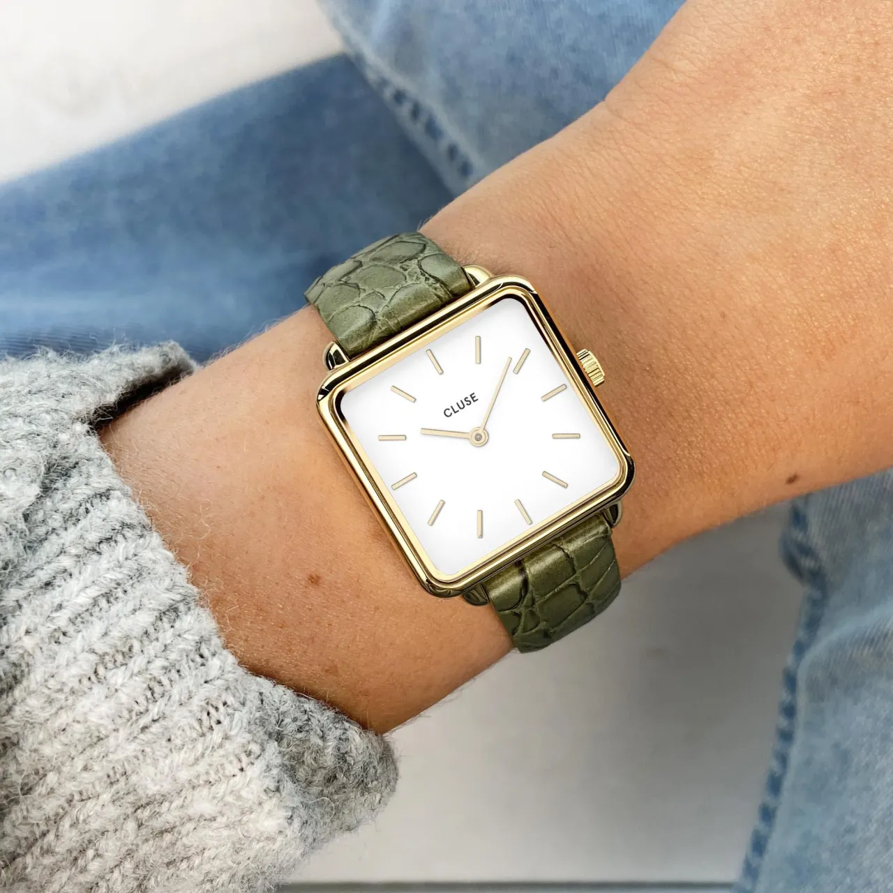 Femme CLUSE La Tétragone Leather Green Alligator, Gold Colour