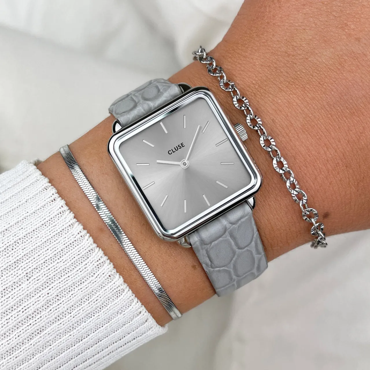 Femme CLUSE La Tétragone Leather Grey Alligator, Silver Colour