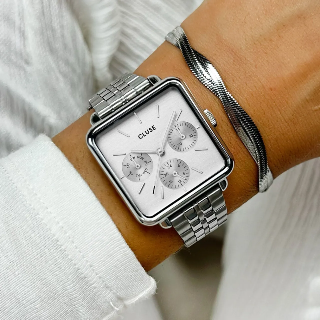 Femme CLUSE La Tétragone Multifunction Watch Steel, Full Silver Colour