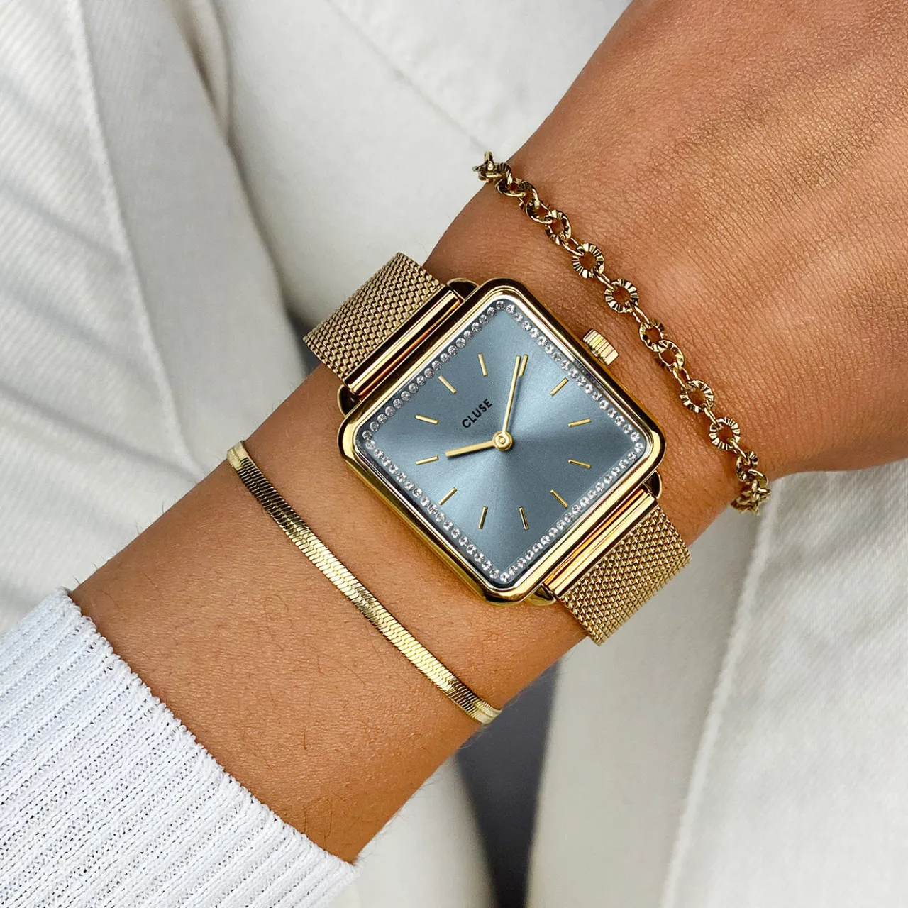 Femme CLUSE La Tétragone Watch Mesh stones Light Blue, Gold Colour