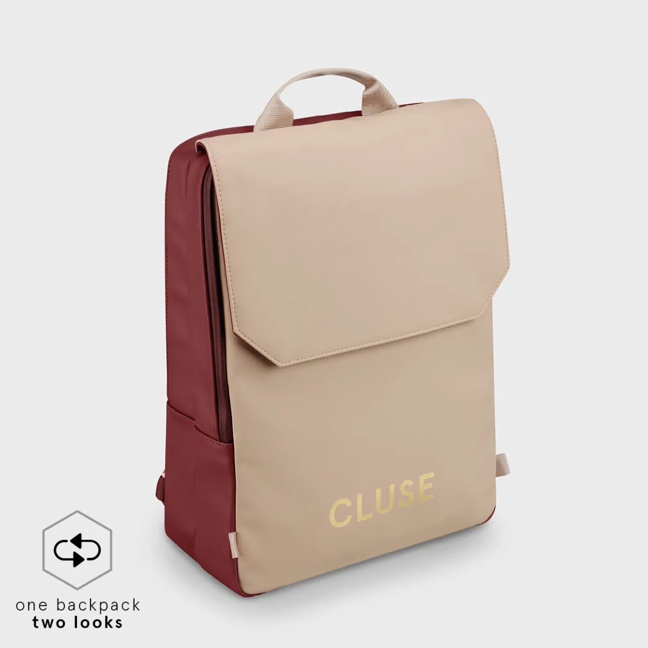 CLUSE Le Réversible Backpack, Bordeaux Beige, Gold Colour