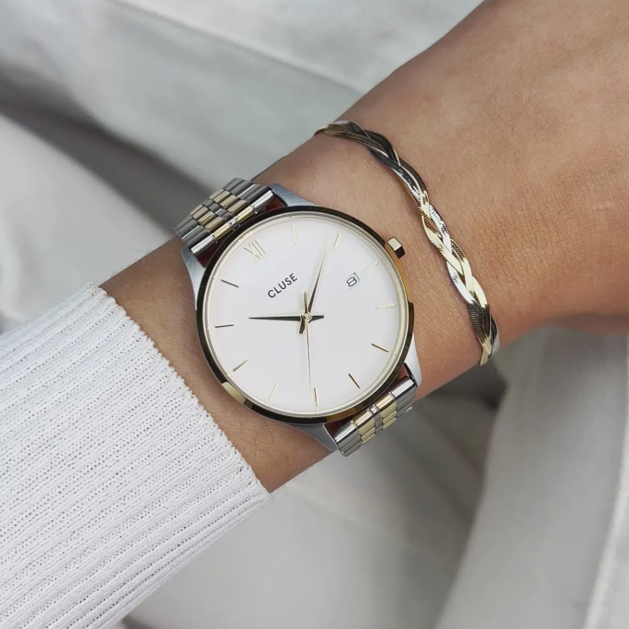 Femme CLUSE Minuit Date Watch Steel, Coconut Milk, Bicolor