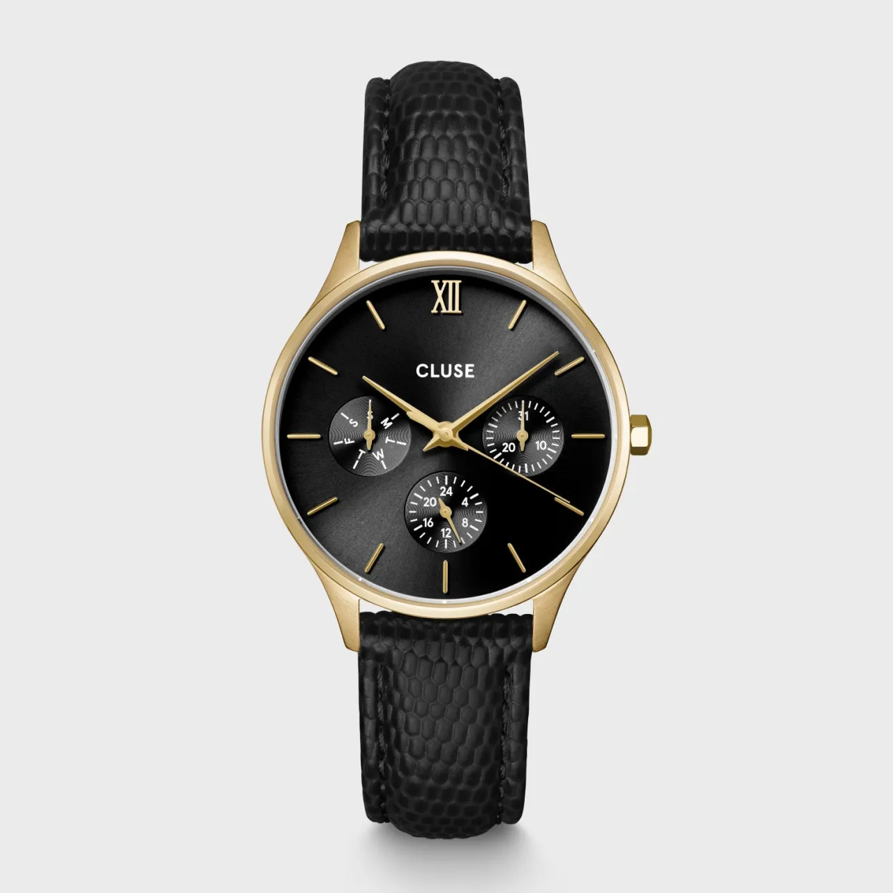 Femme CLUSE Minuit Multifunction Black Watch Leather, Black Lizard, Gold Colour