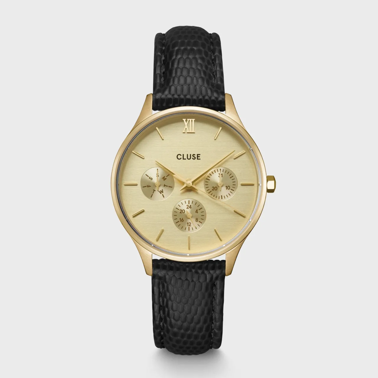 Femme CLUSE Minuit Multifunction Watch Leather, Black Lizard, Gold Colour