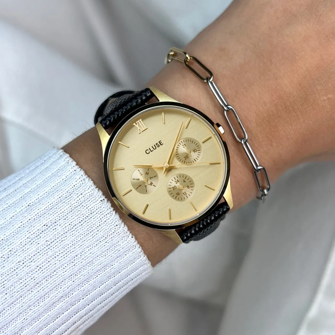 Femme CLUSE Minuit Multifunction Watch Leather, Black Lizard, Gold Colour