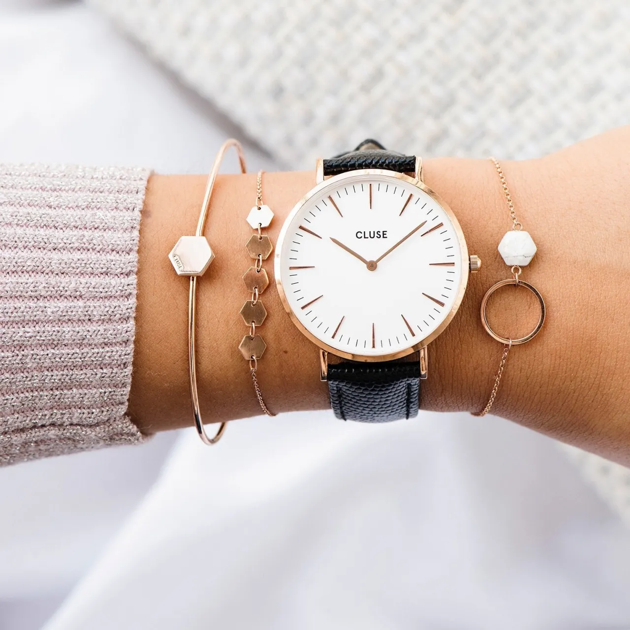 Femme CLUSE Strap 18 mm Leather Black Lizard, Rose Gold Colour