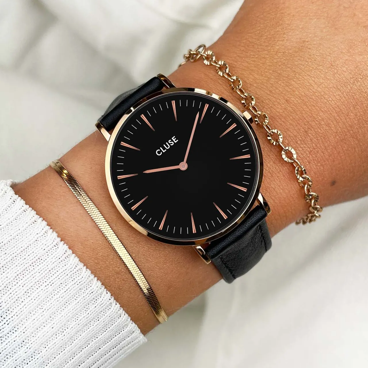 Femme CLUSE Strap 18 mm Leather Black, Rose Gold Colour