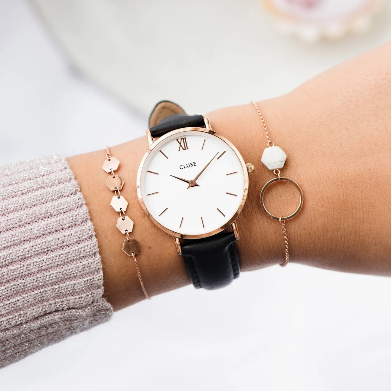 Femme CLUSE Strap 16 mm Leather Black, Rose Gold Colour