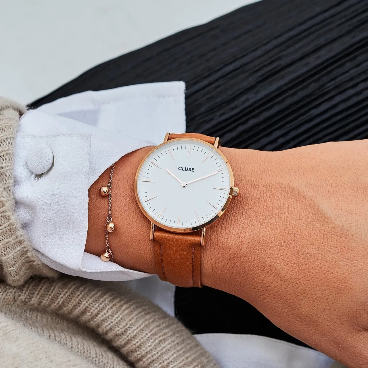 Femme CLUSE Strap 18 mm Leather Caramel, Rose Gold Colour