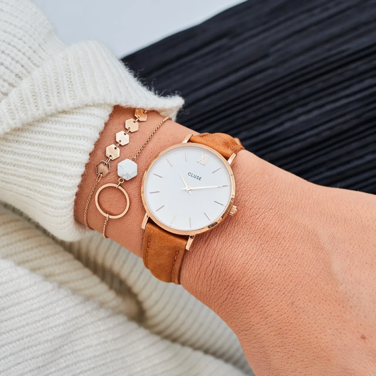 Femme CLUSE Strap 16 mm Leather Caramel, Rose Gold Colour