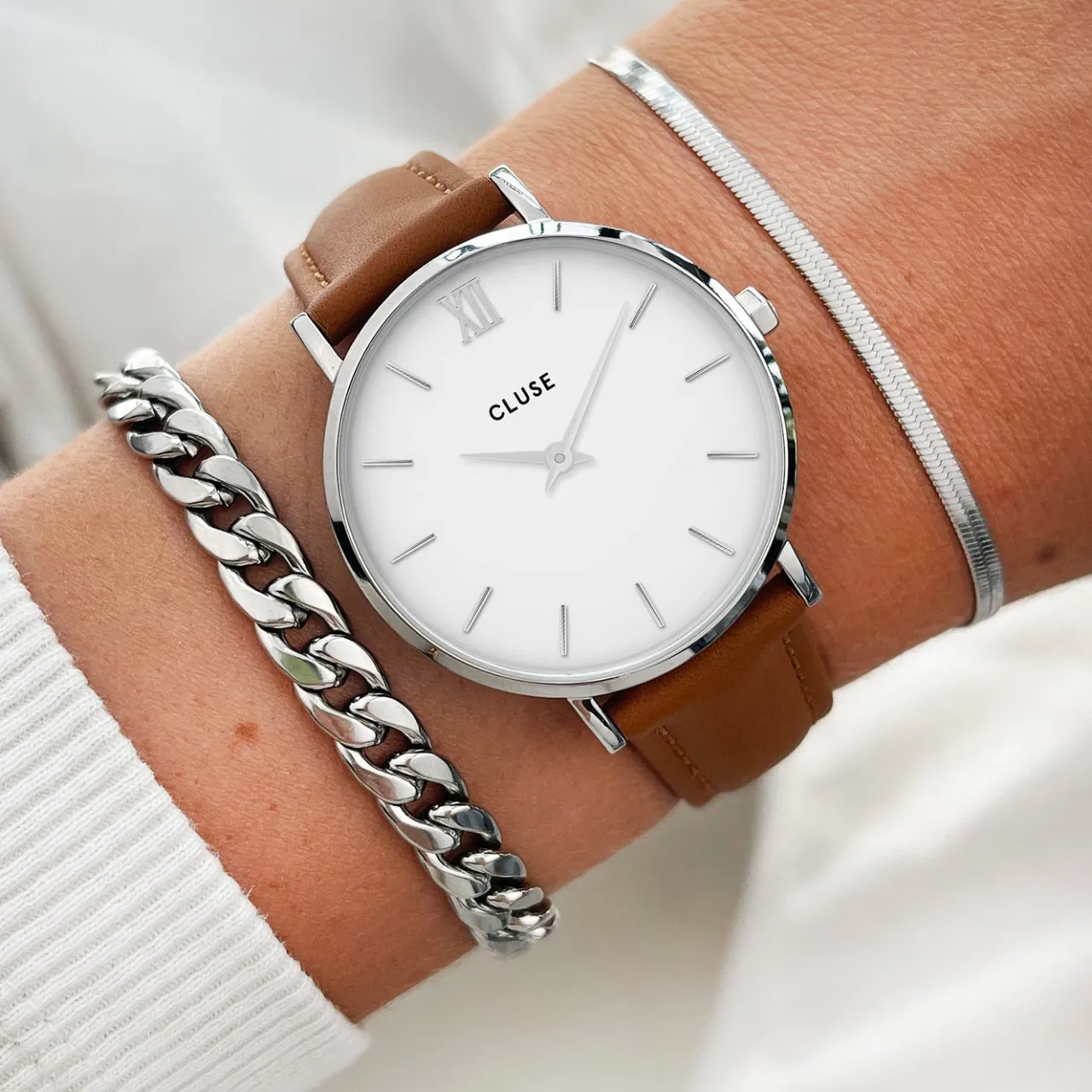 Femme CLUSE Strap 16 mm Leather Caramel, Silver Colour