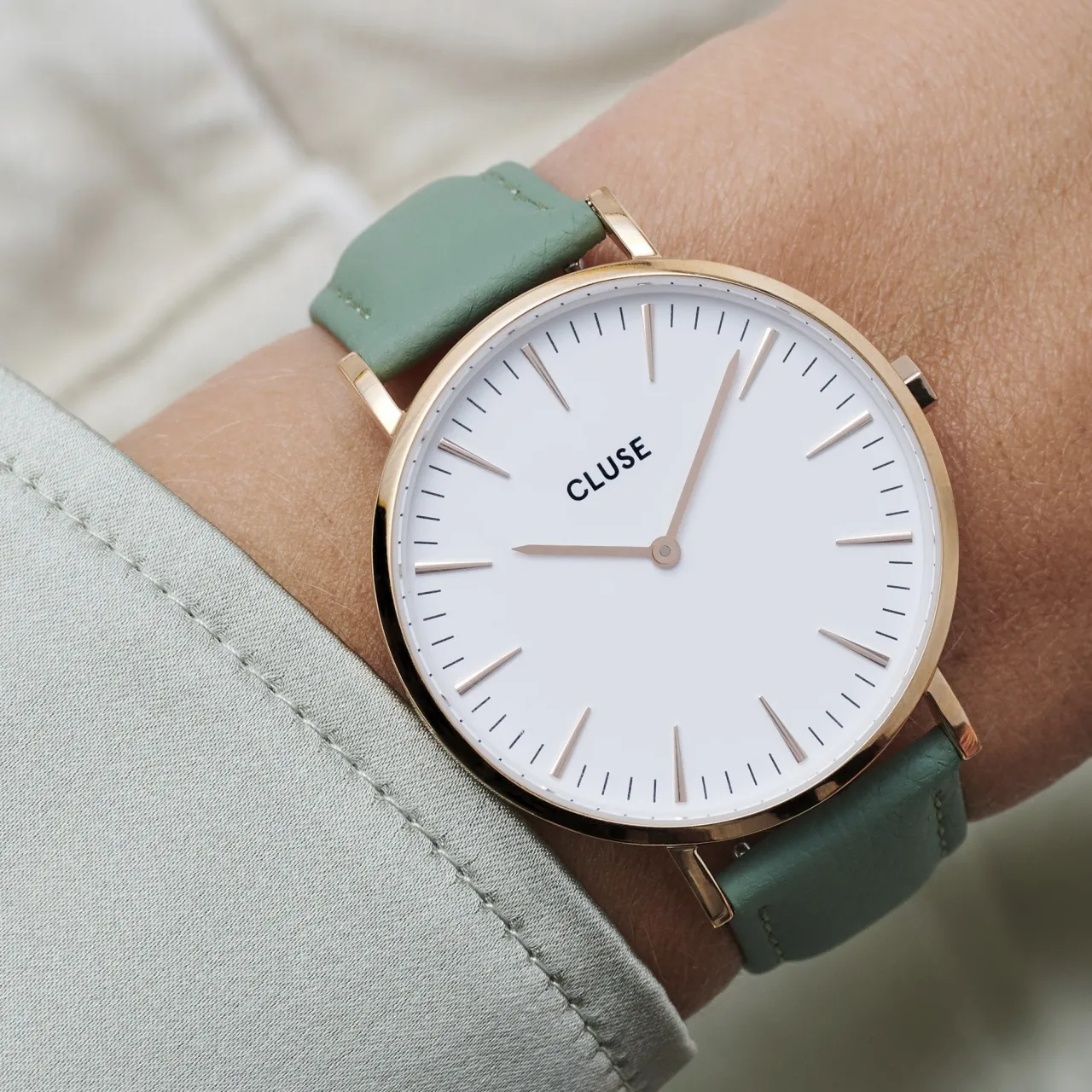 Femme CLUSE Strap 18 mm Leather Green, Rose Gold Colour