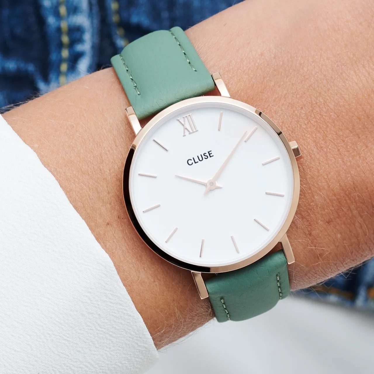 Femme CLUSE Strap 16 mm Leather Green, Rose Gold Colour