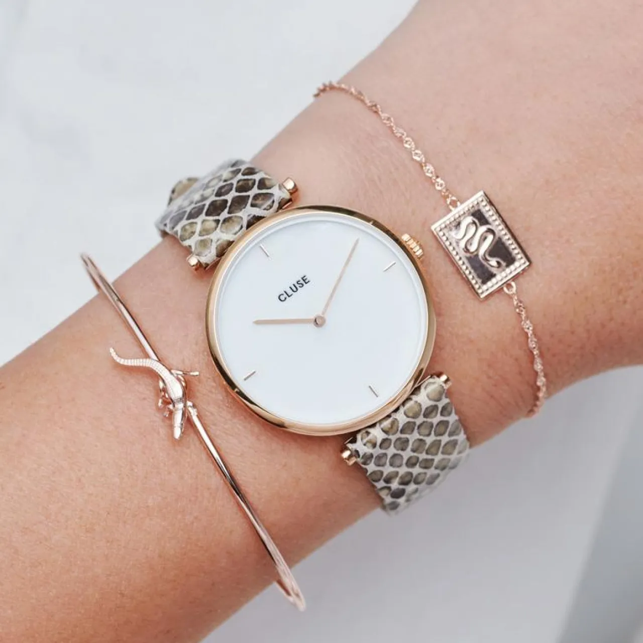 Femme CLUSE Strap 16 mm Leather Python Almond, Rose Gold Colour