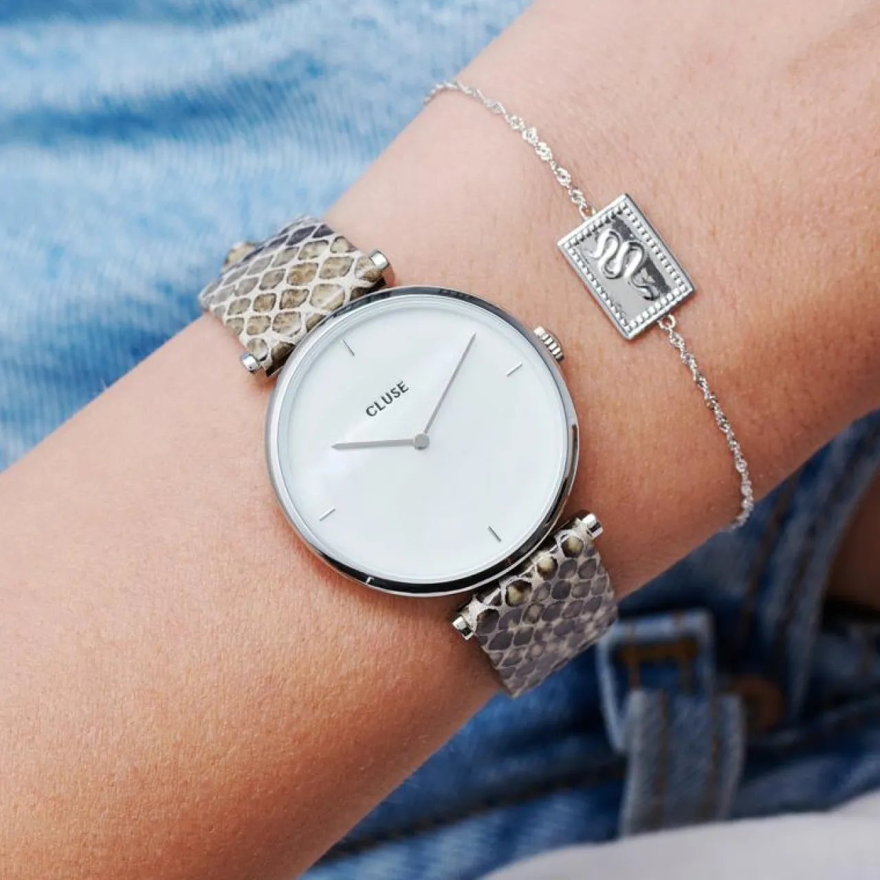 Femme CLUSE Strap 16 mm Leather Python Grey, Silver Colour