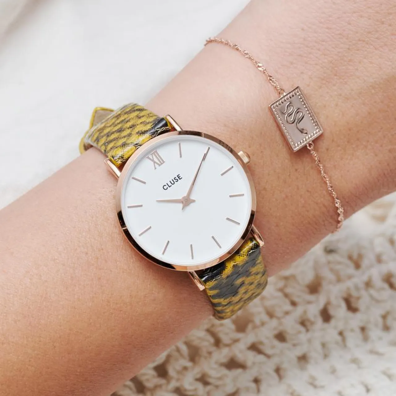 Femme CLUSE Strap 16 mm Leather Yellow Python, Gold Colour