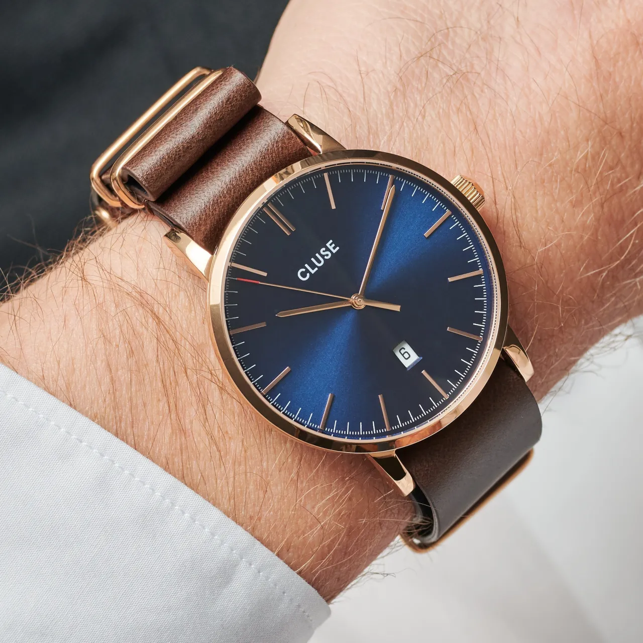 Homme CLUSE Strap 20 mm Nato Leather Brown, Rose Gold Colour