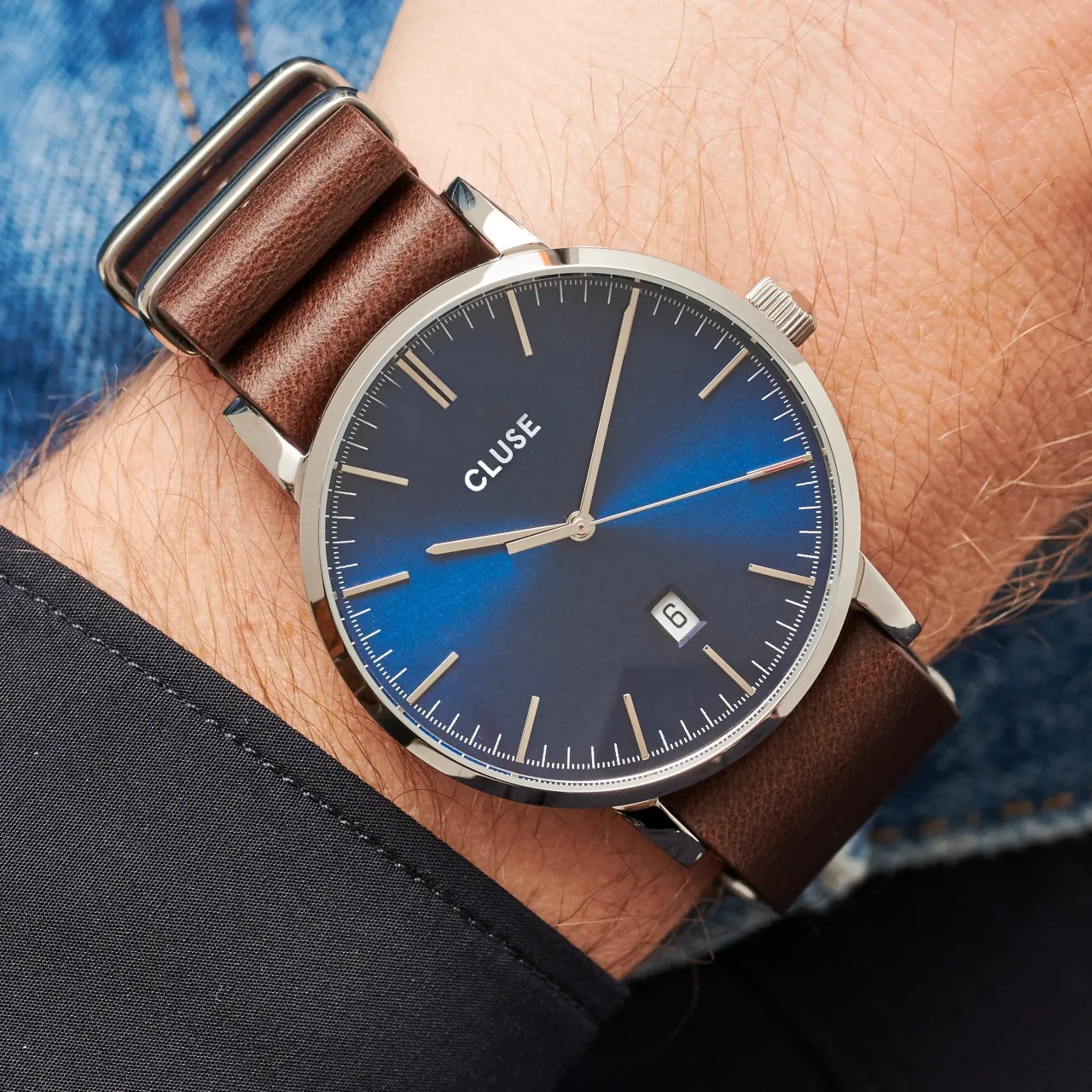 Homme CLUSE Strap 20 mm Nato Leather Brown, Silver Colour