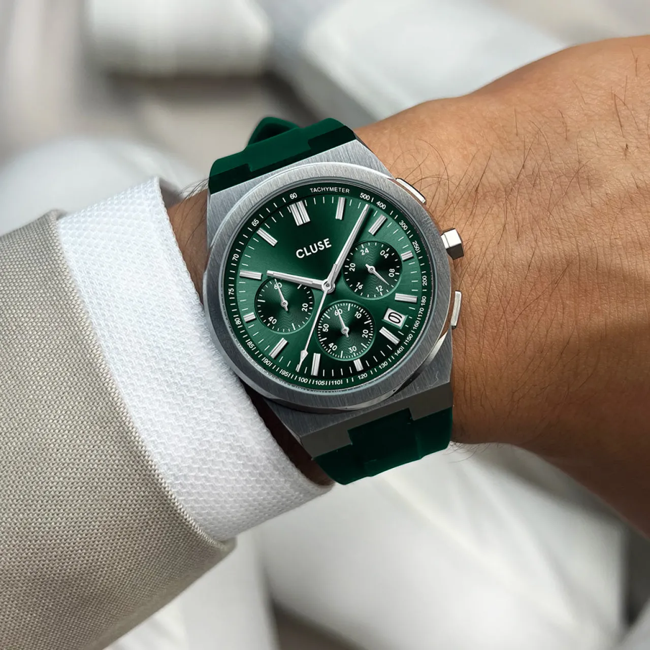 Homme CLUSE Vigoureux Chrono Watch Silicone Green, Silver Colour