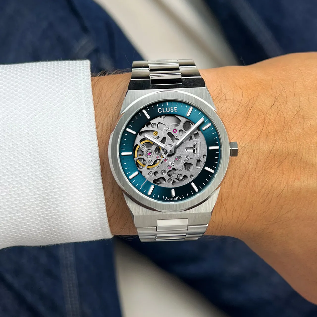 Homme CLUSE Vigoureux Steel Automatic Watch, Blue, Silver Colour